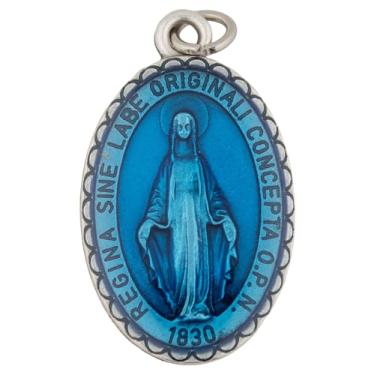 Imagem de VILLAGE GIFT IMPORTERS Pingente grande de medalha milagrosa azul | Cor azul | Ótimo para primeira comunhão e primeira confirmação sagrada | Medalhão religioso para joias e casa, Metal não precioso,