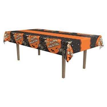 Imagem de Beistle 2 peças de plástico retangular Happy Haunting Retro Vintage Halloween Toalha de mesa artigos de festa, 137 cm x 274 cm, laranja/preto/off-white