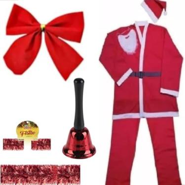 Imagem de Kit 7 Peças Fantasia de Papai Noel Roupa Completa Sineta Festão