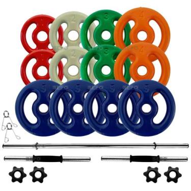 Imagem de Kit 40Kg Anilhas Emborrachadas com 1 Barra 1,50m e 2 Barras com Rosca 