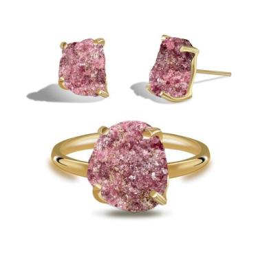Imagem de Conjunto de Rodonita - Cristal Natural, Banho Ouro 18k
