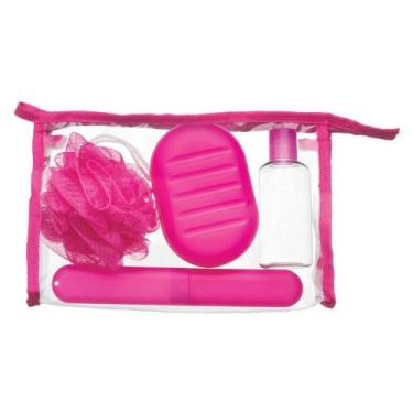 Imagem de Kit p/ Viagem Banho Rosa Saboneteira Esponja Porta Escova 4 Peças Ricc