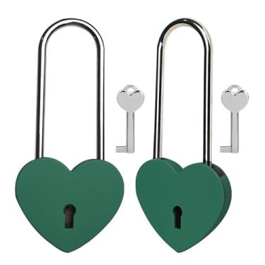 Imagem de Gradleen 2 cadeados de coração único com chave de 8 cm, cadeado de amor de 50 mm, acabamento fosco, cadeado de amor de metal verde para ponte Lovelock, caixa de cartão, caixa de joias, diário, bolsa