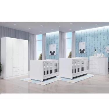 Imagem de Quarto De Bebe Kit Gemeos Guarda Roupa 4 Portas, Comoda e 2 Berços - P