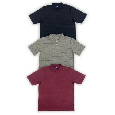 Imagem de KIT Masculino 3 Peças Plus Size - Camisa Polo Listrada Cinza, Preta e 
