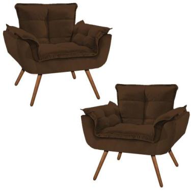 Imagem de Kit 02 Poltronas Opala MARROM Suede Pés Palito Decorativa Sala de Esta