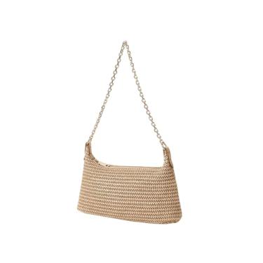 Imagem de GORGLITTER Bolsa de ombro feminina de tecido de palha pequena bolsa de praia com zíper lindas bolsas transversais de verão, Caqui, One Size