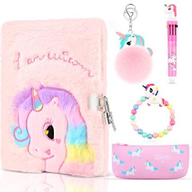 Imagem de Conjunto de caderno de unicórnio de pelúcia, caderno fofo para meninas, bloco de notas de diário privado bordado com fecho, caneta multicolorida, adorável estojo de lápis, chaveiros, pulseiras para