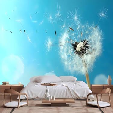 Imagem de Lcythiazole Papel de parede mural de dente-de-leão de tamanho personalizável, adesivos de parede de dente-de-leão, fotos de dente de leão HD, murais de flores voadoras para sala de estar de meninas