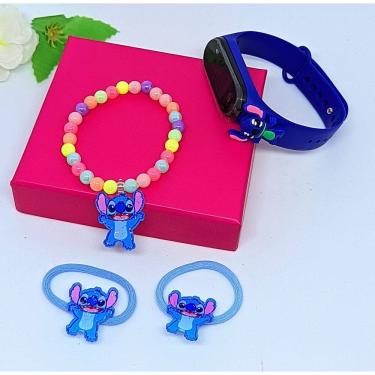 Imagem de Relógio Infantil Digital Led Silicone Disney Lilo Angel e Stitch 3D + Kit Acessórios de Cabelo Xuxinhas Pulseira Miçanga