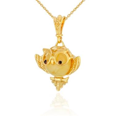 Imagem de AMBEDORA Colar feminino coruja sábia com âmbar, prata esterlina banhada a ouro, âmbar báltico na cor leitosa, pingente banhado a ouro com corrente, Prata esterlina, Âmbar