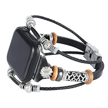 Imagem de BOVIPO Compatível com pulseira Apple Watch de 44 mm, 42 mm, 40 mm, 38 mm, pulseira fina com contas de couro com fivela de aço inoxidável para iWatch séries SE 6, 5, 4, 3, 2, 1, feminino e masculino