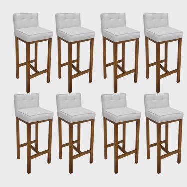 Imagem de Kit 08 Banqueta Alta Com Encosto Alba Cozinha Balcão Bistrô Base Madeira Rústico Tecido Sintético Branco - Ahz Móveis