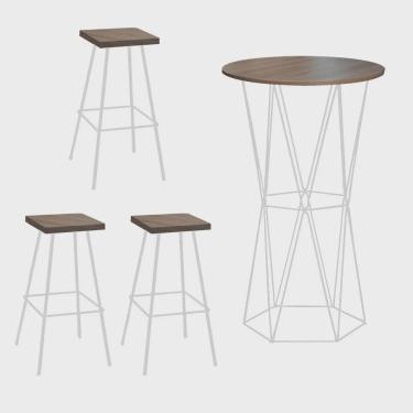 Imagem de Kit 03 Banqueta Alta Eliza Com 01 Mesa Bistrô Flork Industrial Ferro Branco 100% mdf Madeira - Ahazzo Móveis