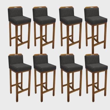 Imagem de Kit 08 Banqueta Alta Com Encosto Simon Cozinha Balcão Bistrô Base Madeira Rústico Tecido Sintético Cinza - Ahz Móveis