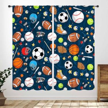 Imagem de Cortinas esportivas para meninos, basquete, futebol, beisebol, hóquei, estrela, desenho animado, tema esportivo, azul marinho, tratamentos de janela para crianças, adolescentes, sala de estar, sala de