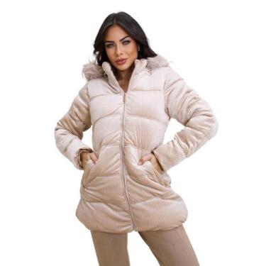 Imagem de Jaqueta ParKa Feminina Veludo Peluciada Com Capuz Bege - Rogers, GG, B