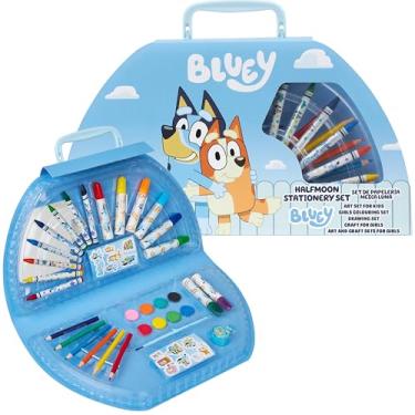 Imagem de Bluey Lápis de cor, materiais de arte para meninos e meninas, kit de pintura, material escolar, kit de arte, estojo de viagem, presentes para crianças (capa azul de meia-lua)
