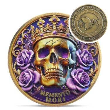 Imagem de Moeda Mori Memento Caveira Coroa - Moeda Desafio Estóica Rosa Roxa - Novidade Medalhões EDC Amor Fati Token para Prática Estóica Diária - Presentes Inspiradores Momento Mori Estoicismo para Homens