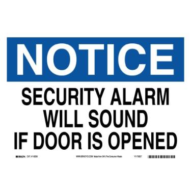Imagem de Brady 118256 35,56 cm largura x 25,4 cm altura B-558 sensível à pressão, azul e preto sobre branco sinal de segurança sustentável, legenda "aviso de alarme de segurança soará se a porta for aberta"