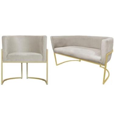 Imagem de Kit Namoradeira + 1 Poltrona Decorativa Luana Suede Bege Base Dourada 