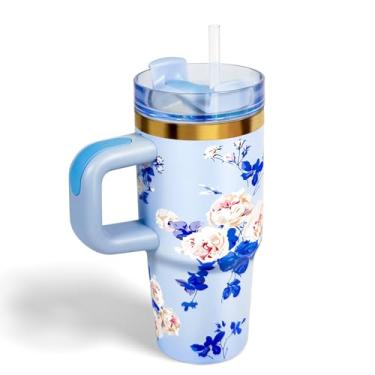 Imagem de BAISHIDA Copo de 400 ml com alça e canudo, xícara de café pequena de 400 ml com tampa e canudo copos de aço inoxidável, copo de presente para esportes ao ar livre, viagem, escola (flor azul)