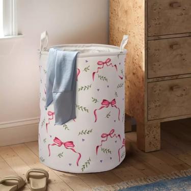 Imagem de Cesta de roupa suja com laço rosa dobrável com alças sacola impermeável pano oxford engraçado cesto de roupa roupa balde organizador de brinquedos 43L para banheiro/lavanderia/quarto (folhas de boi
