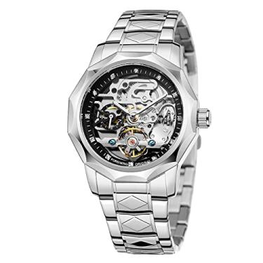 Imagem de FORSINING Relógio de pulso masculino com movimento automático, Dodecágono, aço inoxidável, esqueleto, mostrador automático, turbilhão, 04 - prata e preto, Clássico