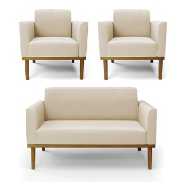 Imagem de Sofá Namoradeira Com 2 Poltronas Base De Madeira Fixa Castanho Marisa Suede D03 - D?rossi Cor Bege