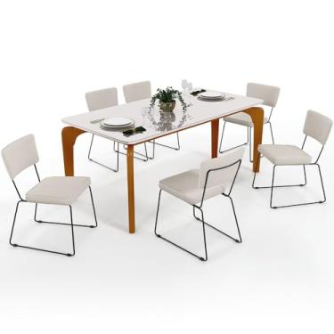 Imagem de Mesa De Jantar Capri 160cm Off White Nature Com 6 Cadeiras Allana B05 Linho Cru - Lyam Decor