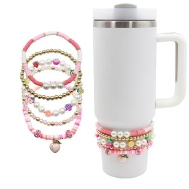 Imagem de RENUIS Pulseiras de frutas para acessórios Stanley Cup, 5 peças de pingentes para Stanley 850 g e copo de 1,134 g com alça, pingentes delicados para decorações Stanley (rosa)