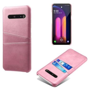 Imagem de Capas Compatível com LG V60,Caso de couro PU-Tampa de telefone a prova de choque com 2 slots de cartão,Proteção anti-impressão digital e anti-gota-Pink