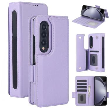 Imagem de Capa carteira para Samsung Galaxy Z Fold 4, 6 porta-cartões de crédito e S-Pen, [bloqueio RFID] Fecho magnético de couro dobrável com suporte, capa protetora resistente à prova de choque (roxa)
