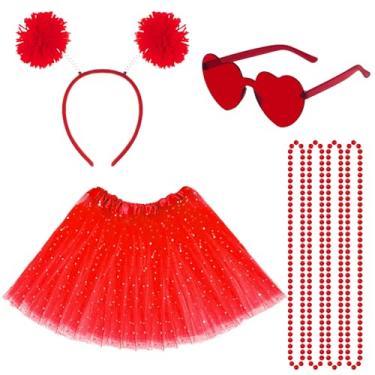 Imagem de Acessórios para fantasia de tutu para meninas dos anos 80 com estrela brilhante, tutu, coração, pompom, faixa de cabeça, saia para Halloween Mardi Gras, Vermelho, Standard