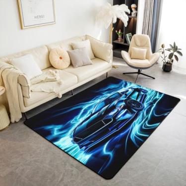 Imagem de Feelyou Tapete de carro de corrida para sala de estar para quarto, azul, carro de corrida, 12 x 18 cm, para crianças, meninos, adolescentes, automotivo, tapete decorativo, luz azul, tapete interno