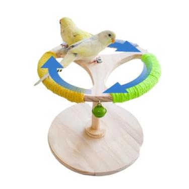 Imagem de Roda de exercício interativa de pássaros com rotação de 360° com poleiros de algodão coloridos de madeira giratória, brinquedo para mastigar para gaiola de papagaios, acessórios de enriquecimento de