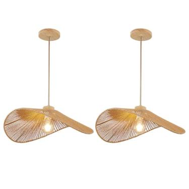 Imagem de Luminária com pingente de vime boho estilo moderno bohia bambu natural feito à mão 2 lâmpadas penduradas para casa de fazenda, quarto, sala de estar, sala de jantar, tamanho P