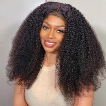 Imagem de Beauhair 4C Edges Peruca de cabelo humano cacheado crespo de 61 cm, perucas sem cola, cabelo humano pré-arrancado brasileiro afro culry peruca com fecho de renda para mulheres negras cabelo virgem