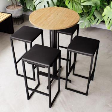 Imagem de Conjunto Mesa Alta Bar Bistrô Redonda Pinus 4 Bancos Estofado Industri