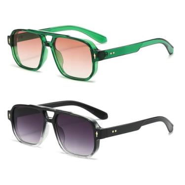 Imagem de OZPYKAE Óculos de sol masculinos quadrados, retrô, proteção UV400, ponte dupla, moderno, retangular, aviador, óculos de sol, Cinza preto + verde, tamanho �nico