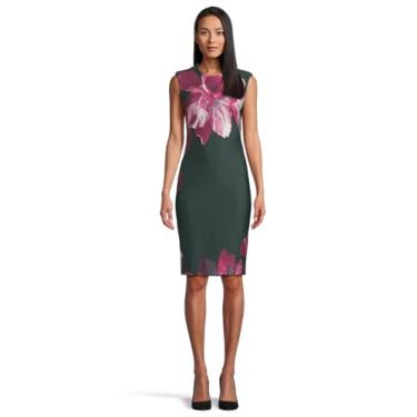 Imagem de Calvin Klein Bainha floral feminina com manga cal, Cinza/berinjela multi, 36