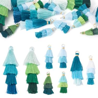 Imagem de Beadthoven Chaveiro de três camadas, borlas, 8 estilos, turquesa, verde, macio, artesanato, borlas, pingentes com anel dourado para fazer joias, brincos, marcadores, bolsas, decorações