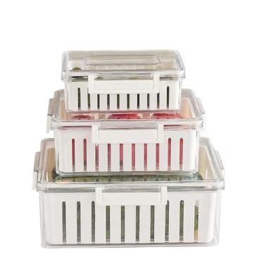 Imagem de KIT 3 POTES HERMETICOS ORGANIZADOR GELADEIRA COM CESTA ESCORREDOR REMOVIVEL ACRILICO MARMITA FRUTAS LEGUMES ALIMENTOS
