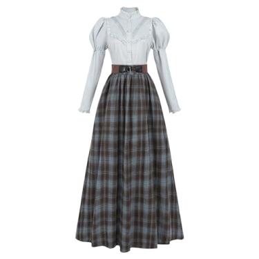 Imagem de LTAKK Vestido vitoriano feminino xadrez renascentista eduardiano, saia tartã vintage, Azul, GG