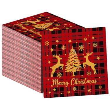 Imagem de Gueevin Guardanapos de papel xadrez de búfalo vermelho Feliz Natal, 100 peças, guardanapo descartável, toalha de mão de convidado, guardanapo de árvore de Natal para casamento, férias, Natal, cozinha