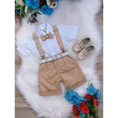 Imagem de Conjunto Social Infantil Short com Suspensório, Gravata e Camisa Caqui