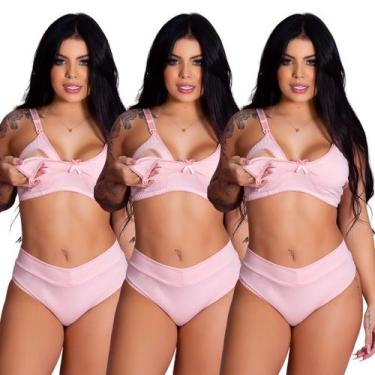 Imagem de Kit 3 Conjuntos Sutiã Amamentação e Calcinha Cós Alto Cotton PósParto 