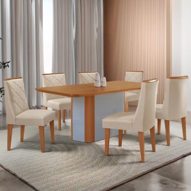 Imagem de Mesa de Jantar Isadora 180cm Tampo MDF Laminado Canto Copo com 6 Cadeiras Isadora Moderna Mobília - Veludo Creme/Naturale
