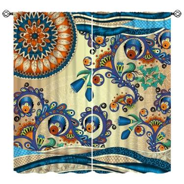 Imagem de Cortina Boho para decoração de cozinha, arte indiana vintage mandala com estampa de videira azul, cortinas de isolamento térmico retrô para quarto e sala de estar, 106 cm L x 114 cm C