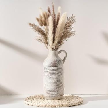 Imagem de PORCER Vaso rústico de cerâmica para decoração de casa, vaso de terracota com alça, vaso de flores decorativo vintage feito à mão para casa de fazenda, sala de estar, mesa, lareira, mesa de cabeceira